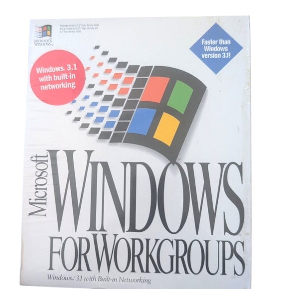 Microsoft Windows for Workgroups 3.11 Box with Colorful Logo on White